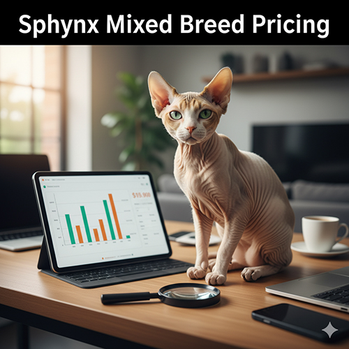 Mèo Sphynx lai ngồi trên bàn cạnh tablet hiển thị biểu đồ giá, minh họa các yếu tố ảnh hưởng đến giá bán.