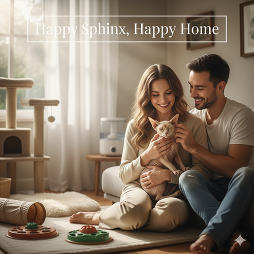 Cặp đôi đang ôm mèo Sphynx lai trong phòng khách ấm áp, minh họa thông điệp kết: đẹp là khi bé khỏe và nhà yên lòng.