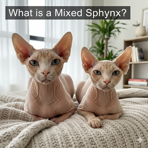 Hai mèo Sphynx lai không lông nằm cạnh nhau trên giường, minh họa câu hỏi mèo Sphynx lai là gì và khác gì thuần chủng.