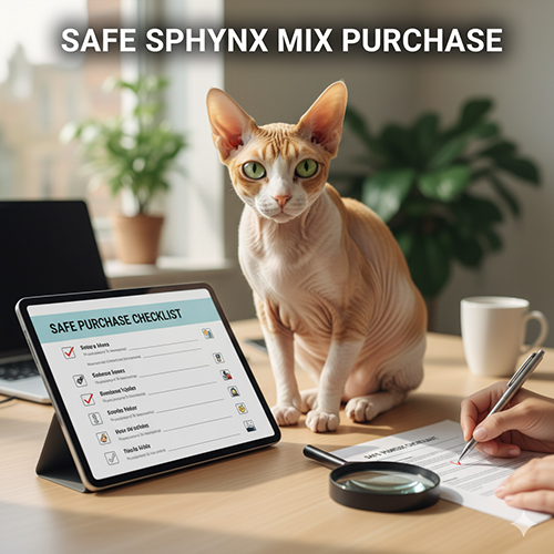 Mèo Sphynx lai ngồi trên bàn cạnh tablet hiển thị checklist mua an toàn, minh họa quy trình mua mèo Sphynx lai đúng chuẩn.