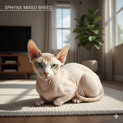 Mèo Sphynx lai không lông màu kem đang nằm trên thảm trong phòng khách, ảnh minh họa cho bài viết về cách nhận biết, biến thể phổ biến, rủi ro và cách mua an toàn.