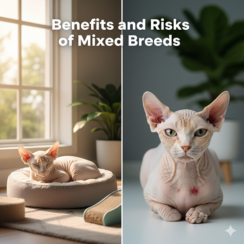 Hai hình mèo Sphynx lai trong phòng ở ánh sáng dịu, một bé đang nằm nệm và một bé có vết đỏ nhẹ trên da, minh họa lợi ích và rủi ro theo từng nhóm lai.