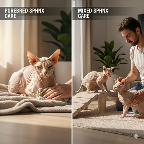 Hai hình so sánh chăm sóc Sphynx thuần và Sphynx lai trong cùng bối cảnh ánh sáng tự nhiên.