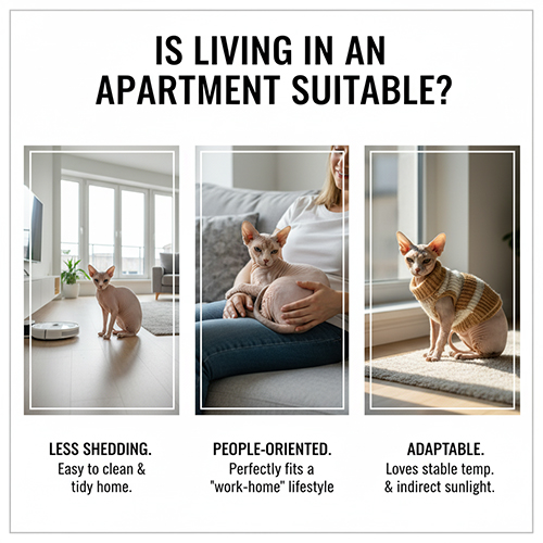 Ba hình mèo Sphynx trong căn hộ: ngồi gần cửa kính, nằm trong lòng chủ và mặc áo ấm cạnh nắng gián tiếp