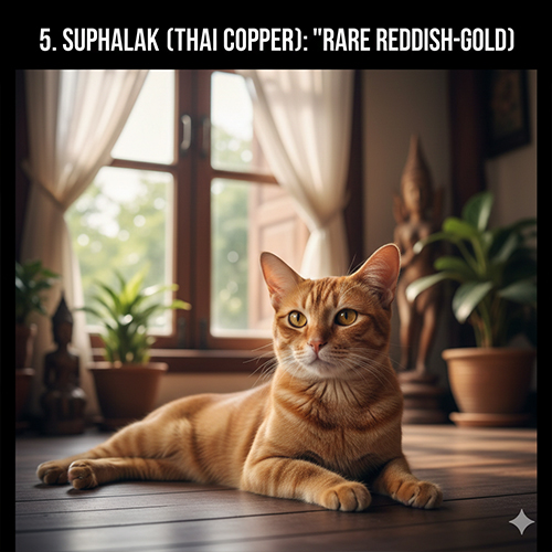 Mèo Suphalak Thai Copper lông màu đồng đỏ nằm trong không gian trong nhà