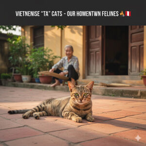 Mèo ta Việt Nam nằm thư giãn trước hiên nhà quê yên bình