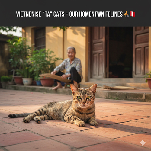 Mèo ta Việt Nam nằm thư giãn trước hiên nhà quê yên bình