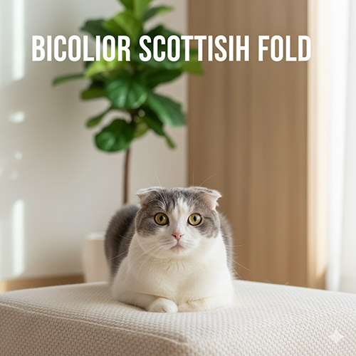 Mèo tai cụp Scottish Fold bicolor trắng xám nằm trên ghế trong phòng sáng, biểu cảm dễ thương và đôi tai gập đặc trưng.