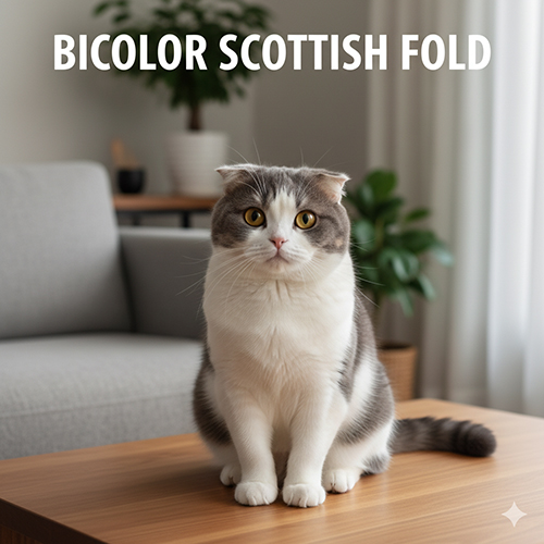 Mèo Scottish Fold bicolor lông xám trắng ngồi trên bàn gỗ, khuôn mặt tròn, tai cụp, mảng trắng phủ ngực và chân trước.
