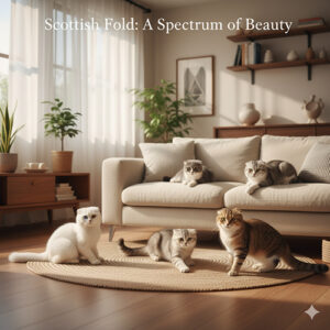 Hình ảnh mèo tai cụp Scottish Fold với nhiều màu lông và dáng tai khác nhau trong không gian phòng khách ấm cúng.