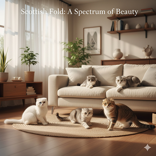 Hình ảnh mèo tai cụp Scottish Fold với nhiều màu lông và dáng tai khác nhau trong không gian phòng khách ấm cúng.