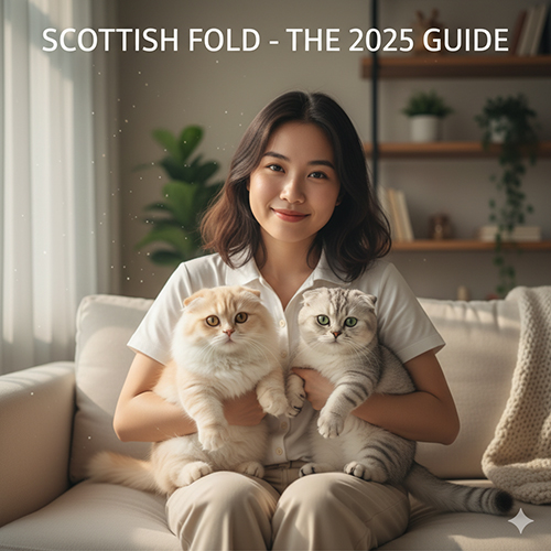 Cô gái trẻ ngồi trên ghế sofa mỉm cười, bế hai bé mèo Scottish Fold màu vàng và xám trên tay, ánh sáng tự nhiên ấm áp