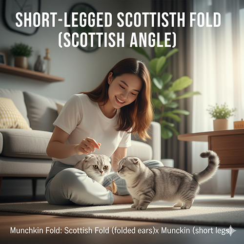 Cô gái ngồi trên sàn phòng khách vui đùa cùng hai bé mèo Scottish Fold chân ngắn, ánh sáng tự nhiên dịu nhẹ