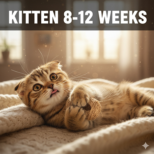 Mèo con Scottish Fold 8–12 tuần tuổi nằm trên chăn trong phòng sáng, chơi với đồ chơi nhỏ và thè lưỡi đáng yêu.