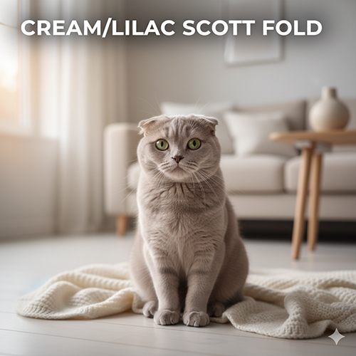Mèo Scottish Fold màu lilac pastel ngồi trên thảm trắng, ánh sáng nhẹ buổi chiều, lông tím xám nhạt, tai cụp, mắt xanh lục.