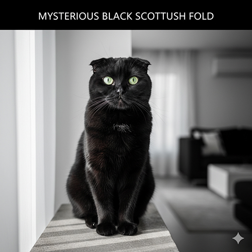 Ảnh bìa mèo tai cụp đen (Scottish Fold black) mắt xanh lá ngồi cạnh cửa sổ; hướng dẫn nhận biết màu black và chăm lông đen