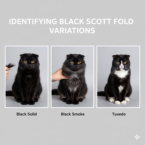Bộ ảnh so sánh Scottish Fold màu đen gồm 3 khung: black solid, black smoke lộ undercoat sáng khi rẽ lông và tuxedo đen–trắng trên nền studio xám