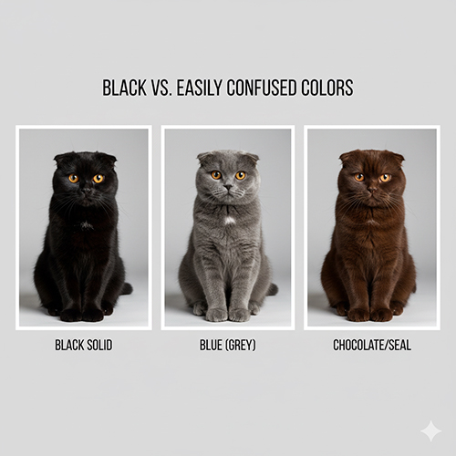 Bộ ảnh so sánh Scottish Fold black solid, blue grey và chocolate seal trên nền studio xám; minh họa cách phân biệt các màu dễ nhầm
