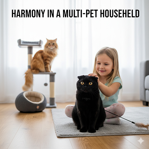 Bé gái vuốt ve mèo tai cụp đen trong khi mèo vàng ngồi trên trụ cào trong phòng sáng; minh họa môi trường nhiều thú cưng hòa hợp