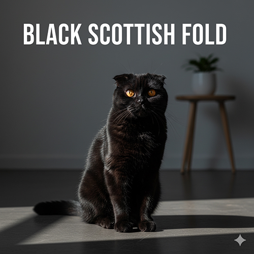 Mèo Scottish Fold đen tuyền ngồi trong phòng ánh sáng nhẹ, lông đen bóng, mắt vàng cam nổi bật, tai cụp đặc trưng.