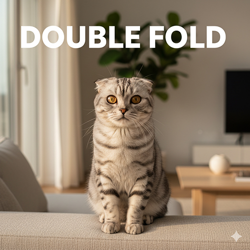 Mèo tai cụp Scottish Fold double fold ngồi trên sofa trong phòng khách sáng, đôi tai gập vừa ôm đầu và ánh mắt tròn nổi bật.