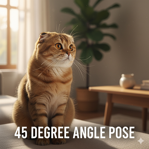 Mèo tai cụp Scottish Fold màu vàng nâu ngồi trong phòng khách, được chụp nghiêng 45 độ dưới ánh sáng hông nhẹ, làm rõ nếp gập tai.