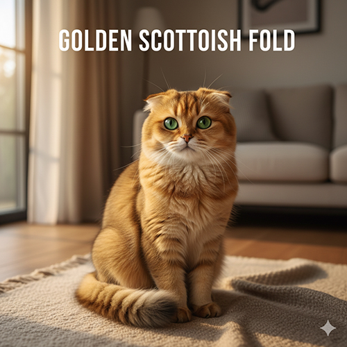Mèo Scottish Fold golden ngồi trên thảm trong phòng sáng, lông vàng óng ánh như mật ong, mắt xanh lục, tai cụp mềm.