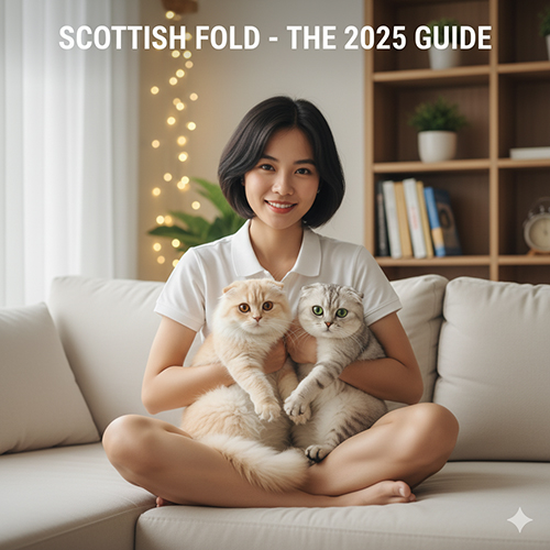 Cô gái trẻ ngồi xếp bằng trên sofa, mỉm cười và ôm hai bé mèo Scottish Fold màu vàng và xám, ánh sáng nhẹ nhàng