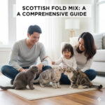 Gia đình vui vẻ chơi cùng ba chú mèo tai cụp trong phòng khách sáng sủa, minh họa cho bài viết về các giống mèo Scottish Fold lai và cách chọn mèo lai khỏe mạnh.