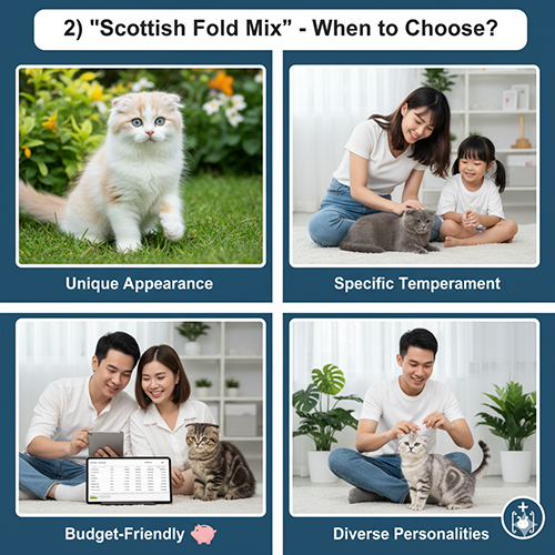 Các gia đình vui vẻ chơi đùa với mèo tai cụp lai trong bốn khung cảnh khác nhau, minh họa các lý do nên chọn Scottish Fold Mix: ngoại hình độc đáo, tính cách riêng, chi phí hợp lý và cá tính đa dạng.
