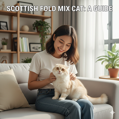 Cô gái trẻ ngồi trên ghế sofa, mỉm cười vuốt ve một chú mèo tai cụp lông vàng trắng trong phòng khách sáng sủa, biểu tượng cho sự gắn kết giữa người và thú cưng lai Scottish Fold.