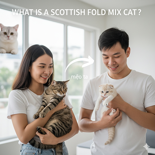 Cặp đôi trẻ đang bế hai chú mèo – một mèo tai cụp màu sáng và một mèo ta vằn xám – minh họa cho khái niệm “mèo tai cụp lai ta” trong bài viết hướng dẫn nhận biết giống lai Scottish Fold.