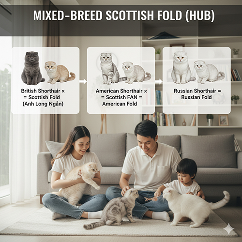 Gia đình trẻ ngồi trên sàn phòng khách chơi đùa cùng ba bé mèo Scottish Fold lai, xung quanh có sơ đồ minh họa các dòng lai Anh, Mỹ và Nga