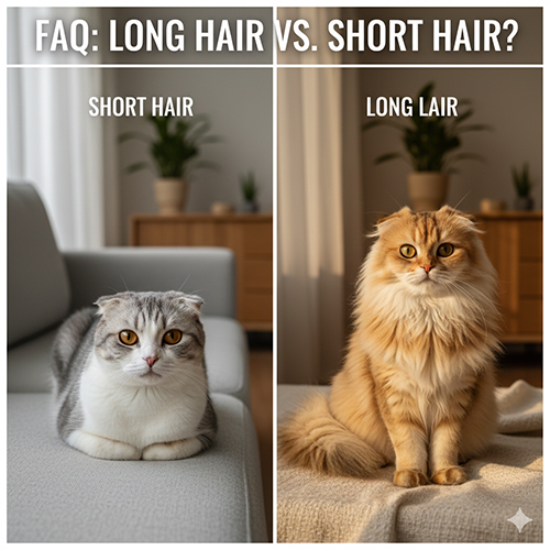 Hai mèo tai cụp Scottish Fold – một lông ngắn màu xám trắng và một lông dài màu vàng – ngồi trên sofa dưới ánh sáng tự nhiên.