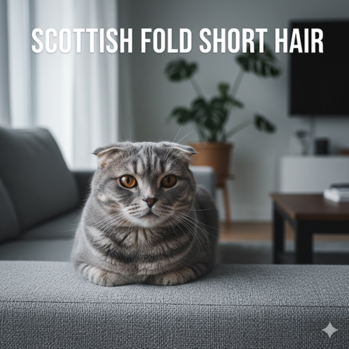 Mèo tai cụp Scottish Fold lông ngắn ngồi trên sofa trong phòng khách hiện đại, ánh sáng tự nhiên làm nổi bật vân lông rõ nét.