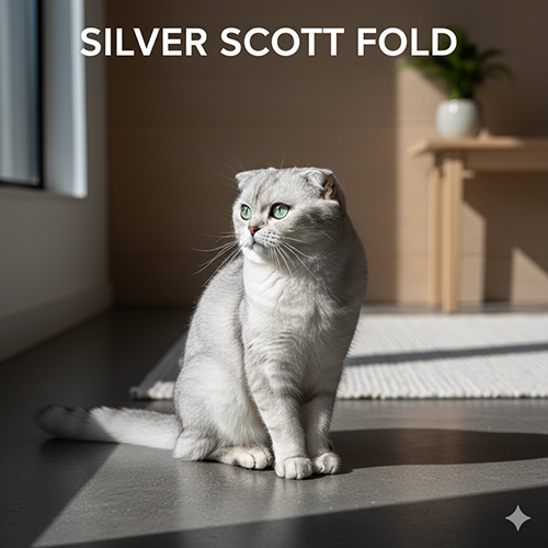 Mèo Scottish Fold silver ngồi gần cửa sổ, lông bạc sáng ánh kim, mắt xanh lục, tai cụp nhẹ – ánh sáng tự nhiên tôn vẻ sang trọng.