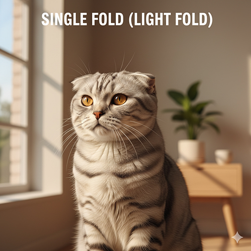Mèo tai cụp Scottish Fold dạng single fold với đôi tai gập nhẹ ngồi gần cửa sổ, ánh sáng chiếu làm nổi bật nếp gập tự nhiên và vân lông rõ nét.