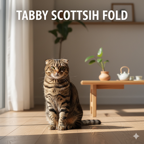 Mèo tai cụp Scottish Fold tabby với bộ lông vân mướp ngồi trong phòng sáng, ánh nắng xiên chiếu làm nổi bật hoa văn tự nhiên trên lông.