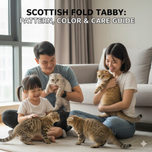 Mèo tai cụp tabby Scottish Fold trong gia đình, bé mèo vằn vàng chơi cùng chủ trong phòng sáng.