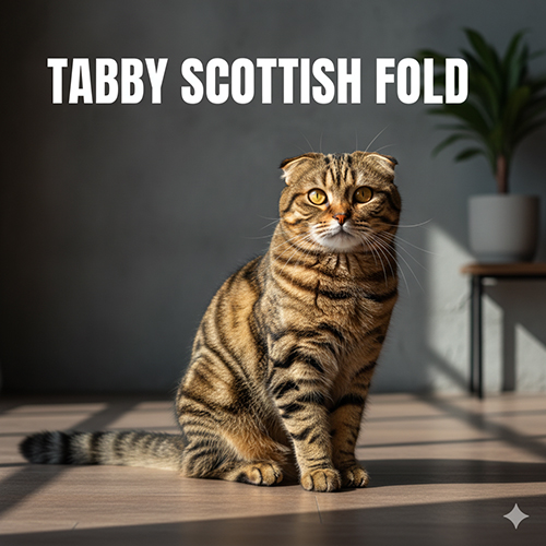 Mèo Scottish Fold tabby vằn nâu đen ngồi trong ánh sáng tự nhiên, tai cụp, lông ngắn với hoa văn classic tabby rõ rệt.