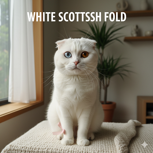 Mèo tai cụp Scottish Fold trắng với đôi mắt hai màu ngồi trên nệm gần cửa sổ, ánh sáng tự nhiên chiếu nhẹ tạo cảm giác tinh khôi và sang trọng.