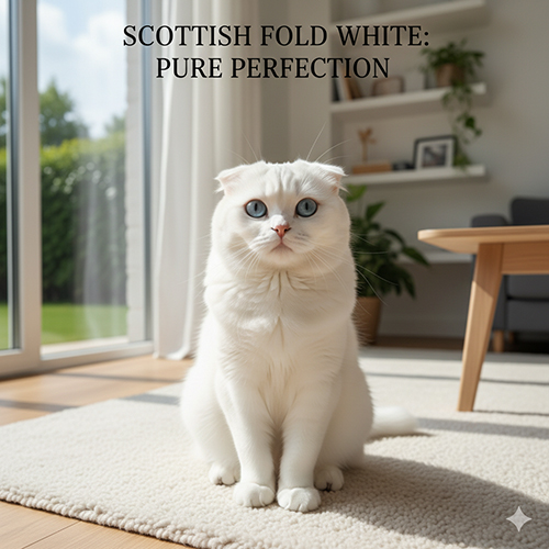 Mèo tai cụp trắng (Scottish Fold) ngồi trên thảm sáng trong phòng khách, lông trắng tinh và mắt xanh trong trẻo.