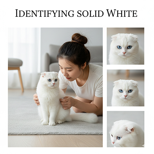 Cô gái vuốt ve mèo tai cụp trắng (Scottish Fold) trong phòng sáng; ảnh cận cảnh khuôn mặt mèo trắng mắt xanh.