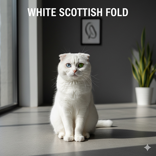 Mèo Scottish Fold trắng thuần, mắt hai màu xanh và vàng, ngồi trong phòng sáng gần cửa sổ, tai cụp nhẹ và lông trắng tinh khôi.