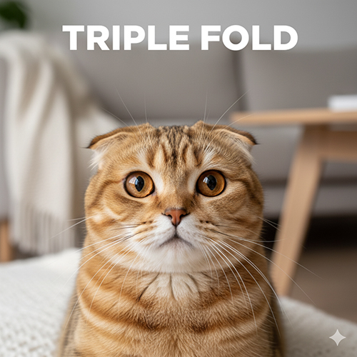 Mèo tai cụp Scottish Fold triple fold màu vàng nâu ngồi trên ghế, đôi tai gập sát đầu và gương mặt tròn đáng yêu dưới ánh sáng mềm.