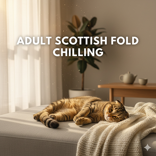 Mèo tai cụp Scottish Fold trưởng thành nằm thư giãn trên giường cạnh cửa sổ, ánh nắng nhẹ chiếu qua rèm tạo khung cảnh yên bình.