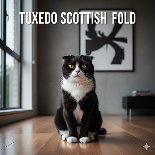 Mèo Scottish Fold tuxedo lông đen trắng ngồi trên sàn gỗ, ngực và chân trắng như mặc vest, tai cụp, mắt vàng sáng.