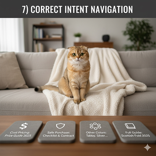 Mèo tai cụp màu vàng ngồi trên sofa; đồ họa nút điều hướng đến Giá, Checklist mua an toàn, Màu khác và Cẩm nang tổng quan.