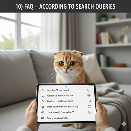 Mèo tai cụp màu vàng ngồi trước máy tính bảng hiển thị mục FAQ; bối cảnh căn hộ sáng, minh họa câu hỏi phổ biến về yellow/cream/golden, bicolor vs solid, chăm lông và mua an toàn.