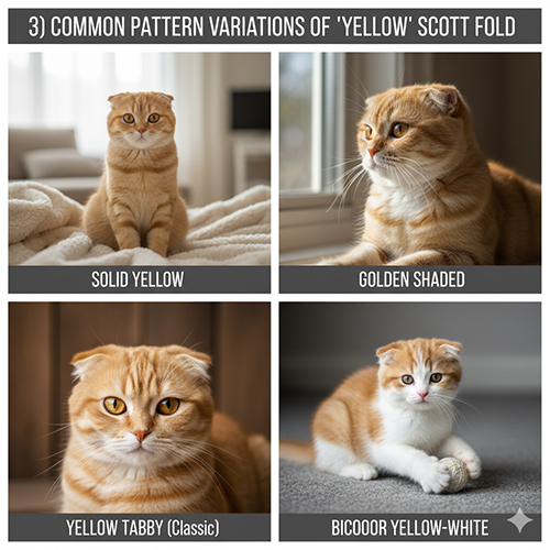Bộ 4 ảnh Scottish Fold nhóm vàng: solid vàng, golden shaded/shell, tabby vàng, bicolor vàng–trắng.Bộ 4 ảnh Scottish Fold nhóm vàng: solid vàng, golden shaded/shell, tabby vàng, bicolor vàng–trắng.